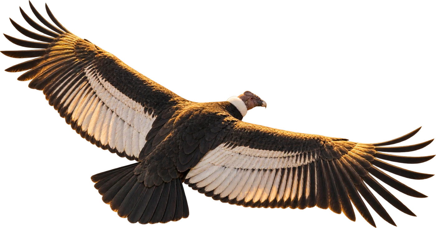 A massive condor soaring at altitude over jagged peaks at sunrise, the cartographer's watcher, riding the thermal toward the unknown country.
