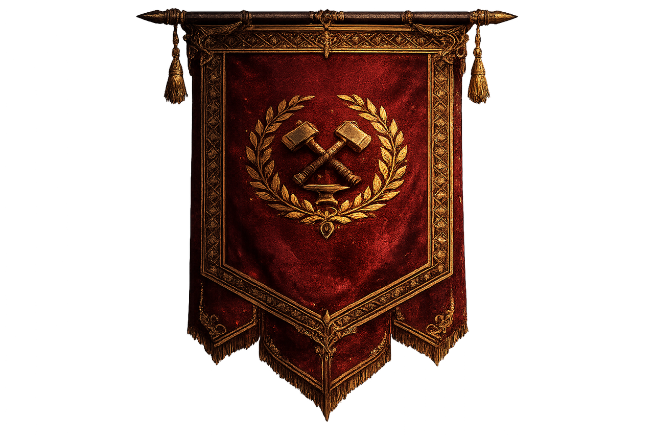 Heraldic banner: crossed hammers over an anvil