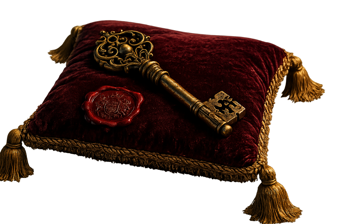 A brass skeleton key on a crimson velvet pillow, beside a wax seal