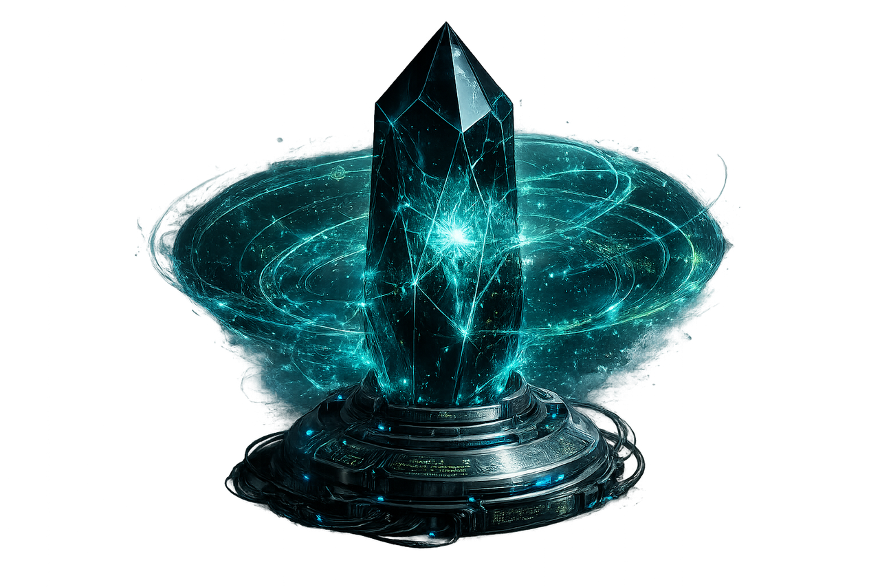 A crystalline data core on an ornate chrome base