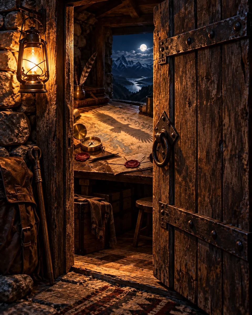 A plank door opening on a cartographer's tent and the peaks
