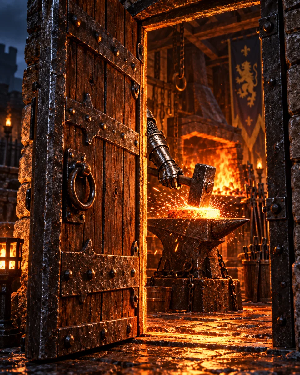 An iron-banded door opening on the forge