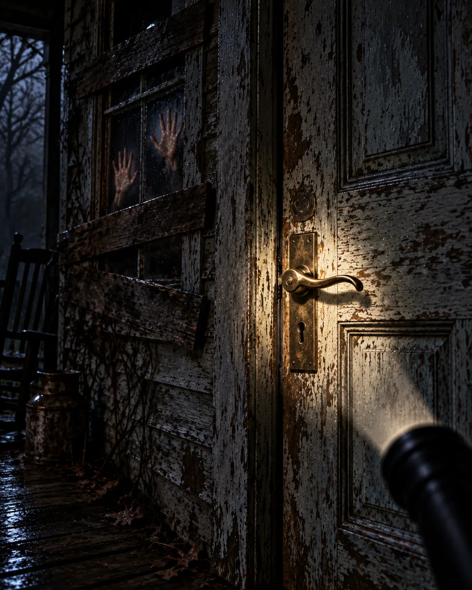 A boarded door in a flashlight beam, handprints on the wood