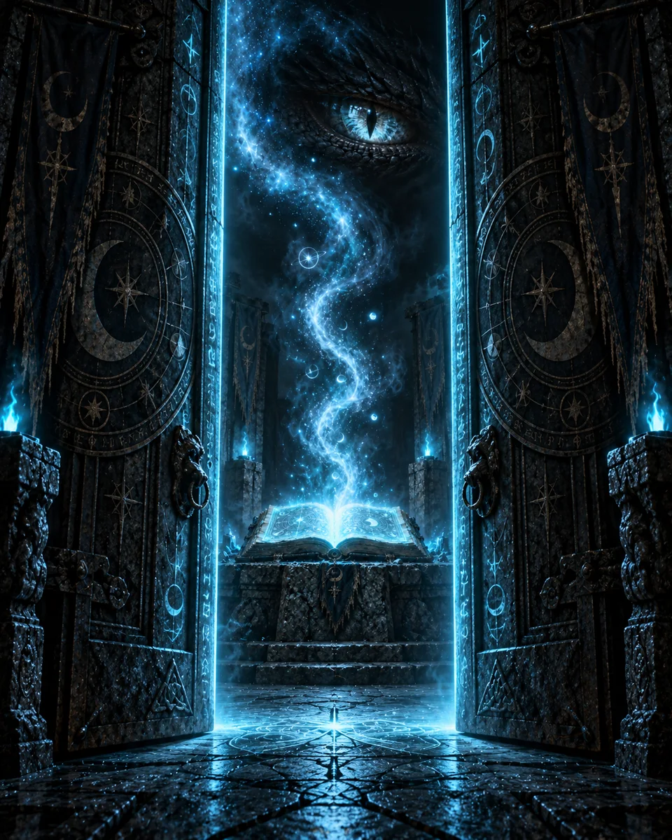 Carved stone doors opening on a grimoire lit from within