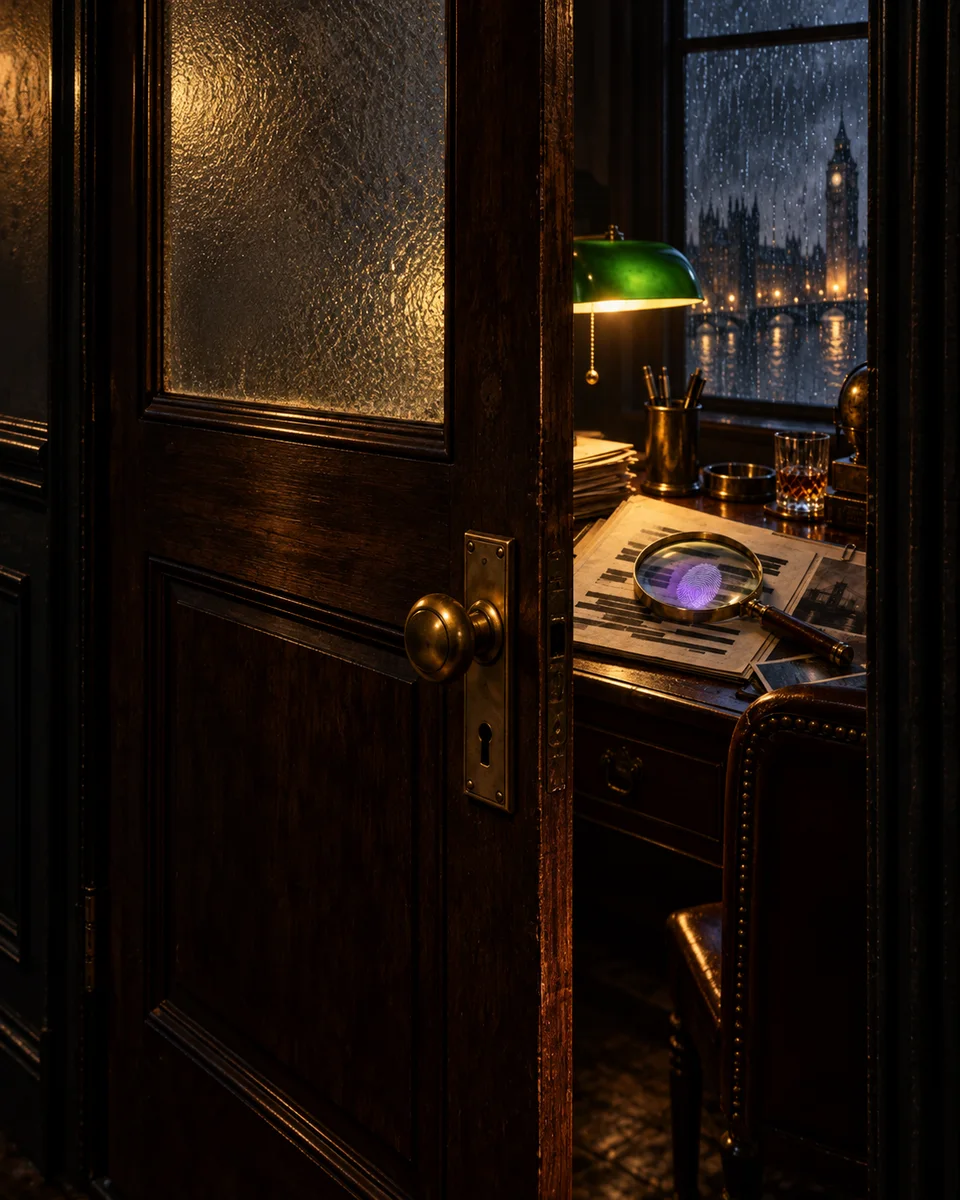 A study door ajar on a desk lamp and a magnifying glass