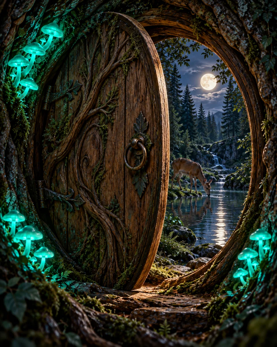 A round root door opening on a moonlit pool