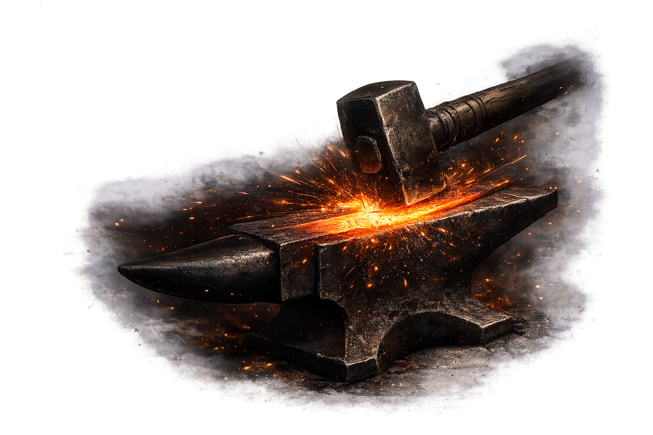 A blacksmith hammer striking a glowing blade on an anvil, sparks flying