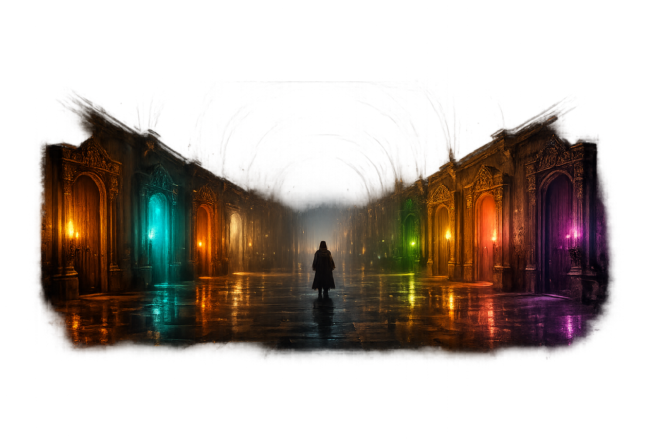The hallway, with eight glowing doorways