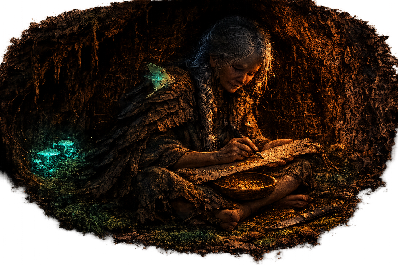 Saoirse, keeper of the hollow — a silver-haired woman in a woven-bark cloak carving a bark strip by mushroom-light, the pollen bowl in her lap.