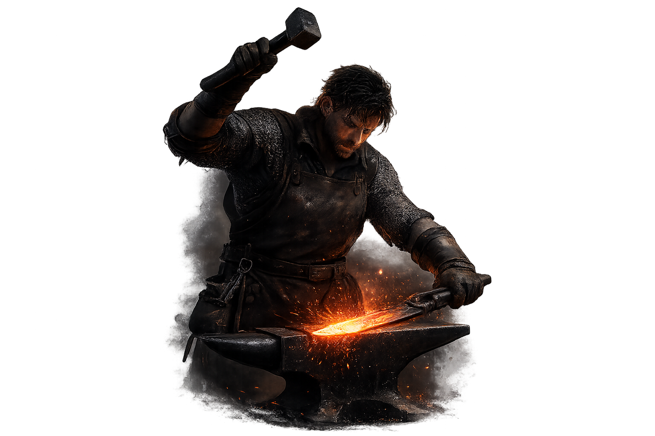 A knight-smith at his anvil, mid-strike
