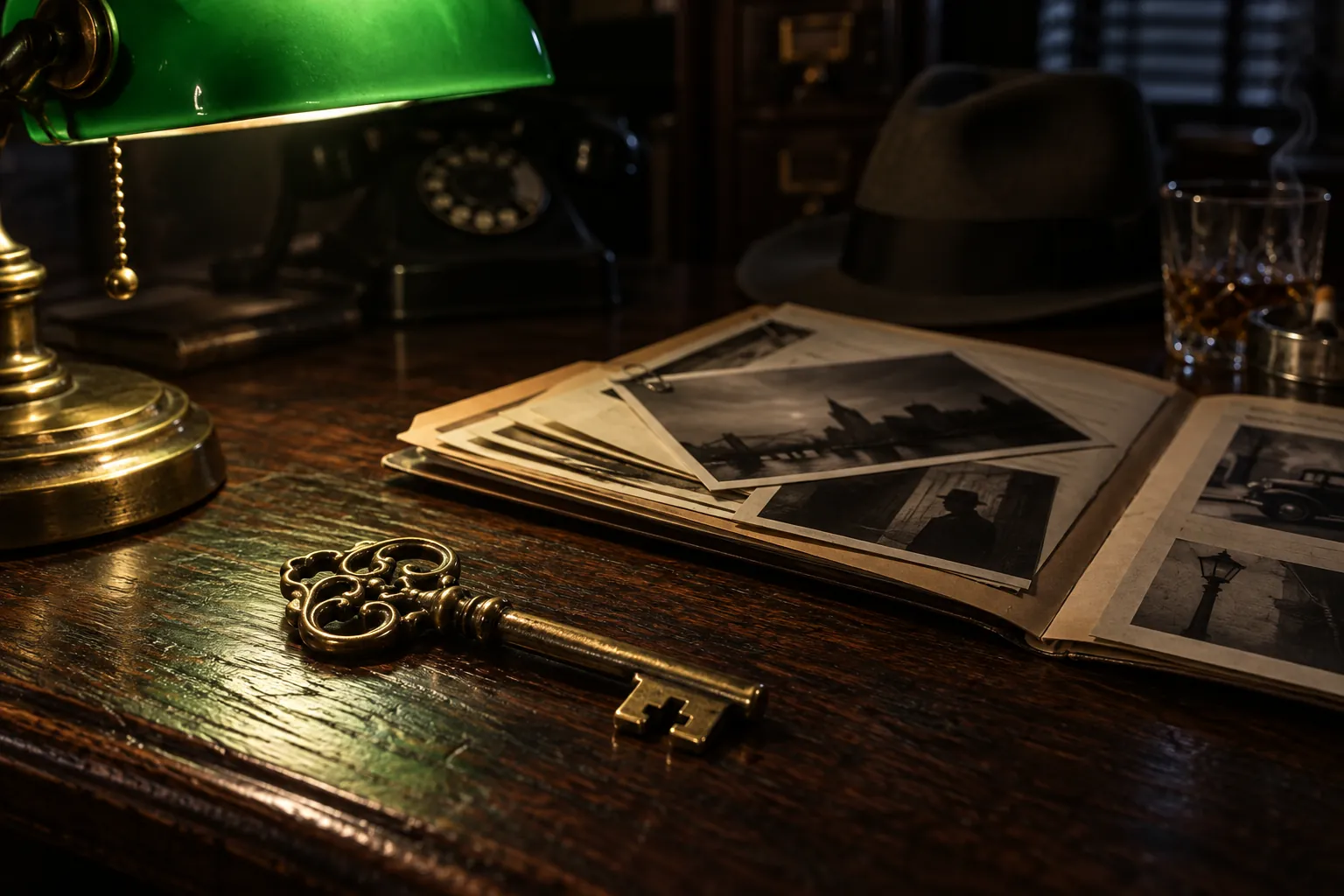 A brass skeleton key on the desk beside an open case file, under the banker's lamp