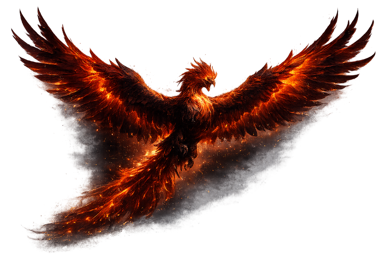 A phoenix with wings spread in ember fire