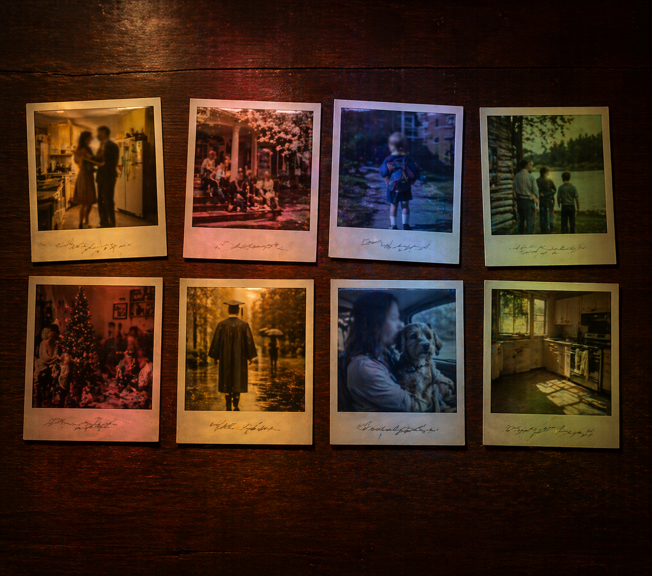 Eight Polaroids laid out on a dark wooden table, lit by Tiffany lamp colors — each showing a different family moment from across the decades, with handwritten captions on the white bands.