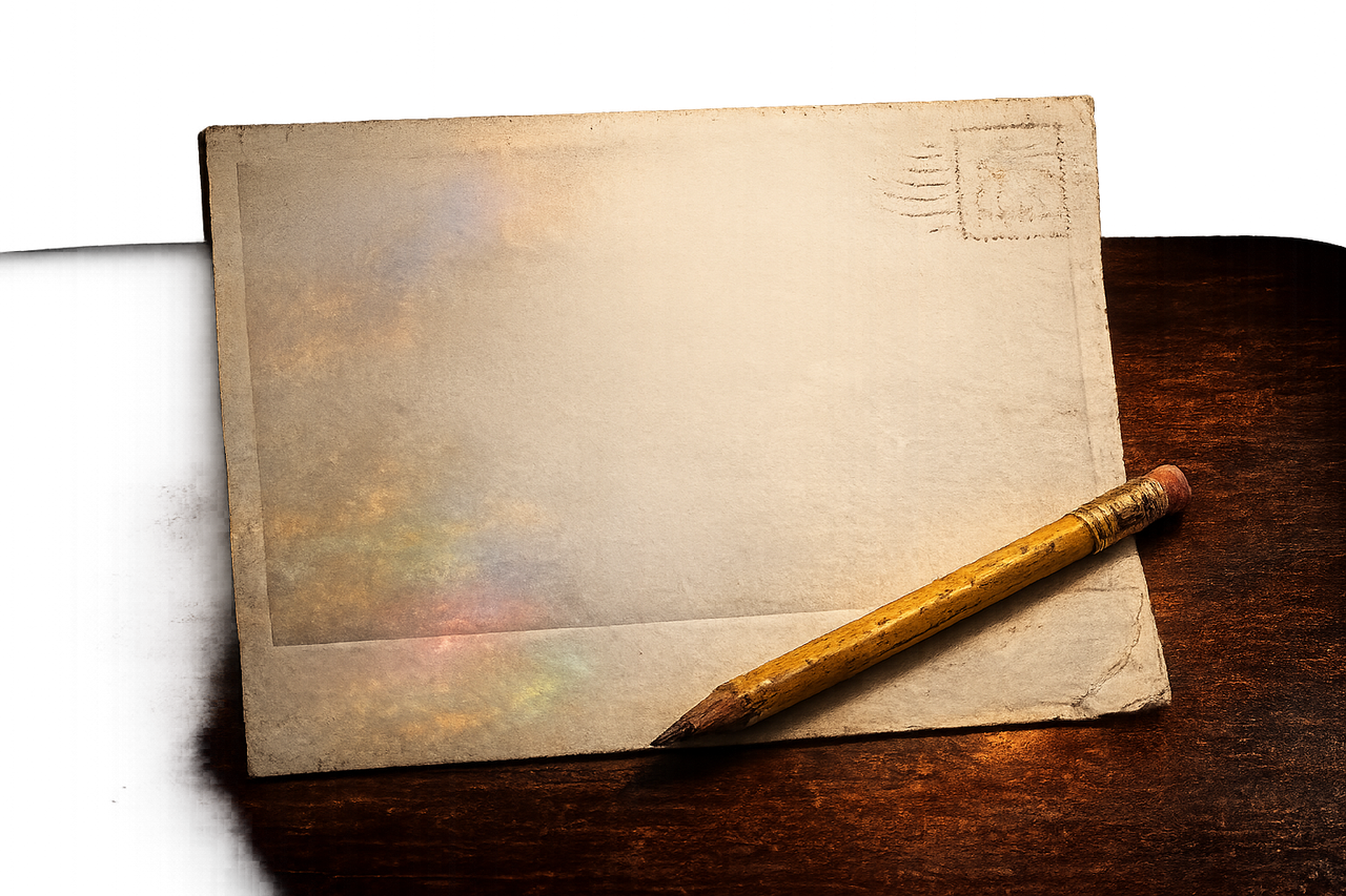A blank Polaroid back resting on dark wood, lit by Tiffany lamp colors, a chewed pencil resting across it.