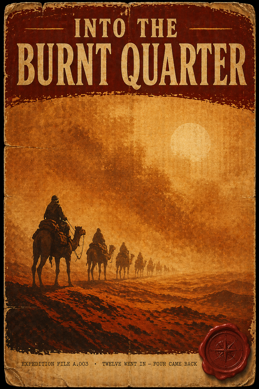 INTO THE BURNT QUARTER — vintage expedition poster of a camel caravan disappearing into a sandstorm under a bone-white sun.