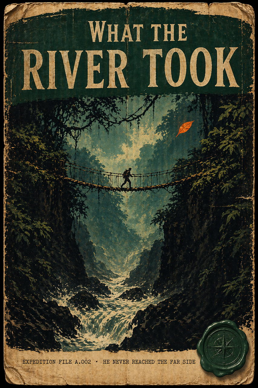 WHAT THE RIVER TOOK — vintage expedition poster of a rope bridge over a chasm in dense jungle.