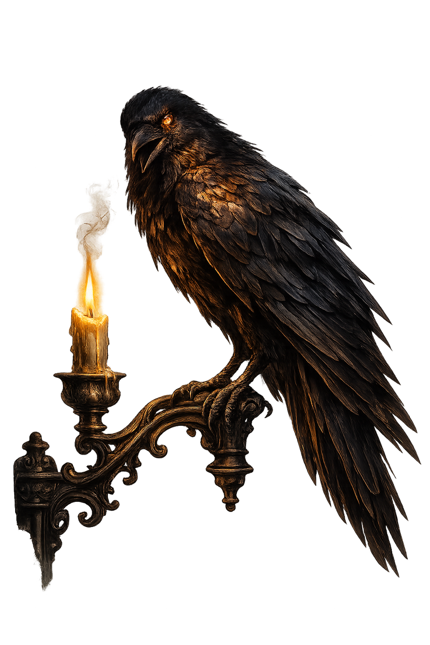 A raven perched in candlelight