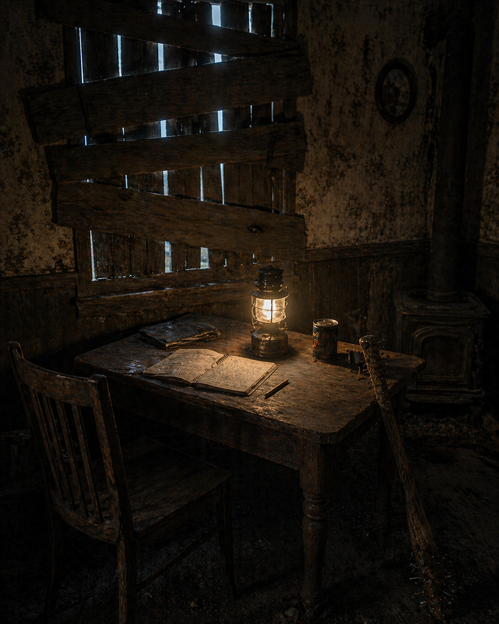 The boarded interior of a safe-house at night