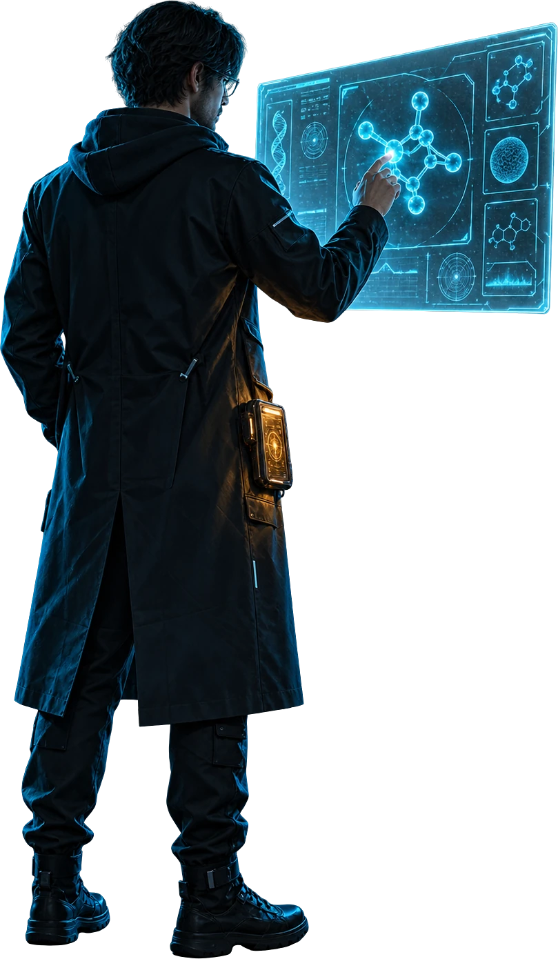 A researcher standing in the lab, touching a floating holographic display
