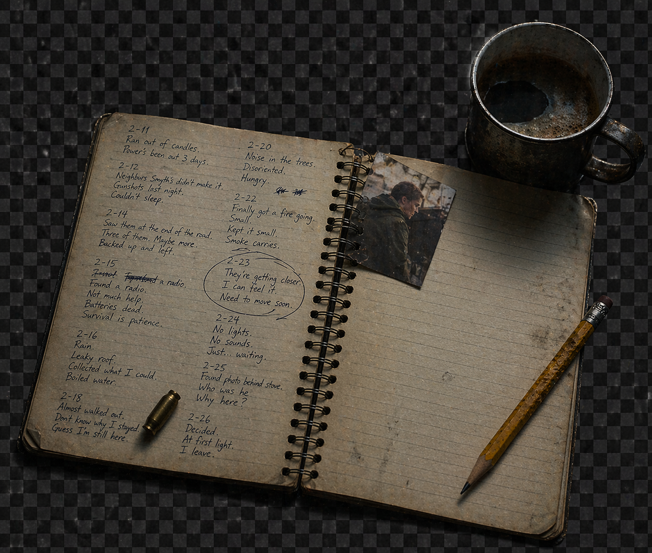 The accumulated log of past survivors, handwritten dated entries, a tin coffee mug, a single bullet, a small polaroid.