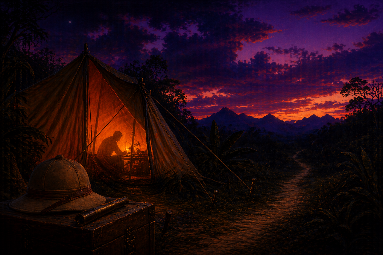 An expedition tent at deep twilight, lit warm orange from within, the cartographer silhouetted against the canvas, a footpath leading away into mountains under a bruised violet sky.